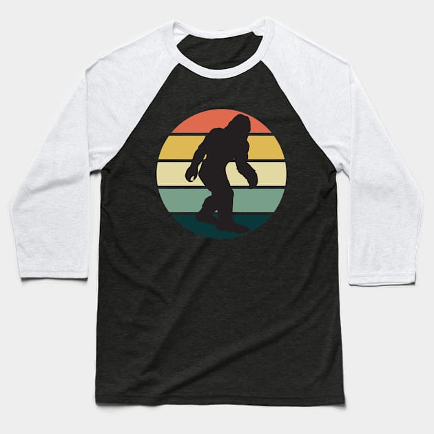 Big Foot in a retro sunset circle Baseball T-Shirt by Don’t Care Co